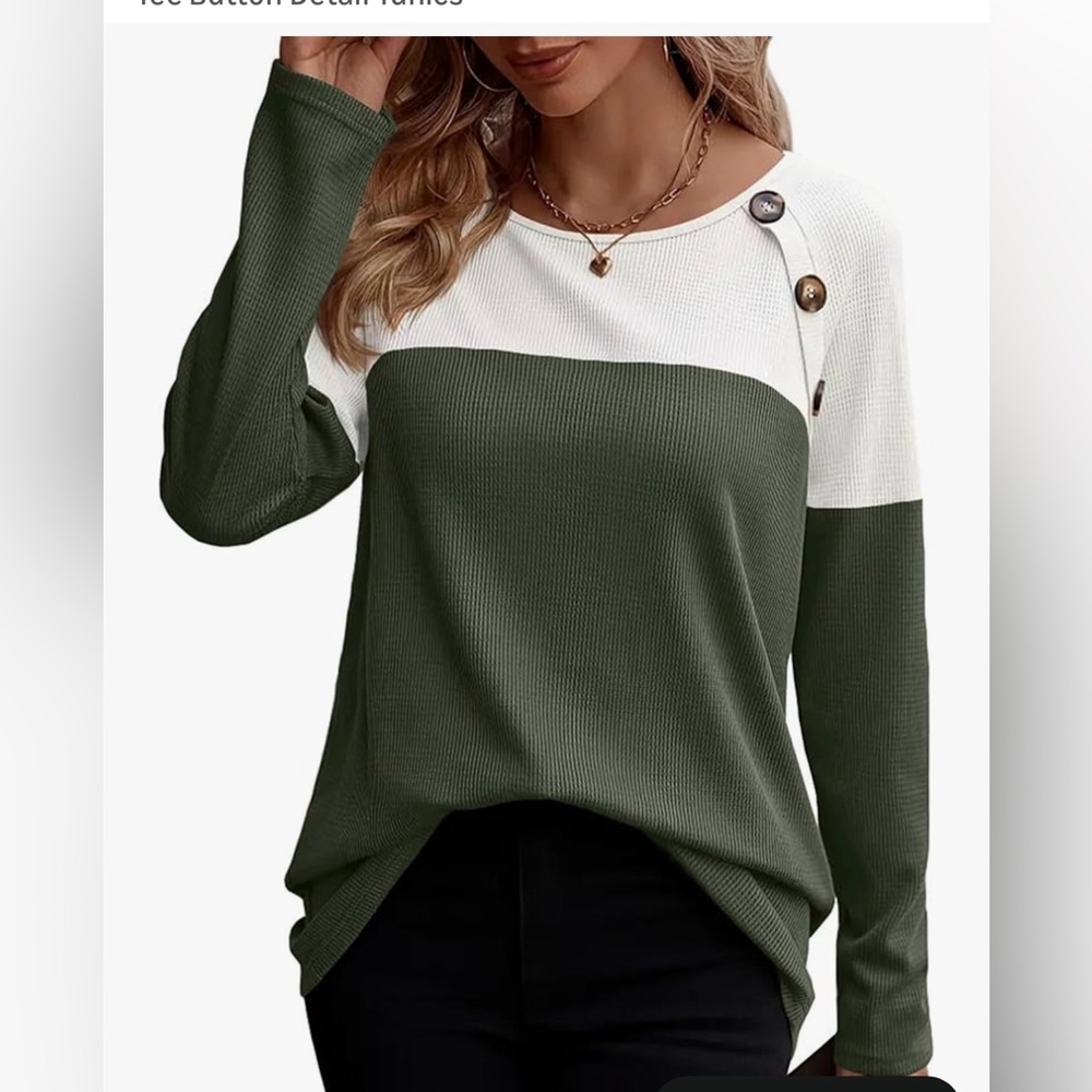 zeagoo Olive Green and White Button-Shoulder Colorblock Knit Top